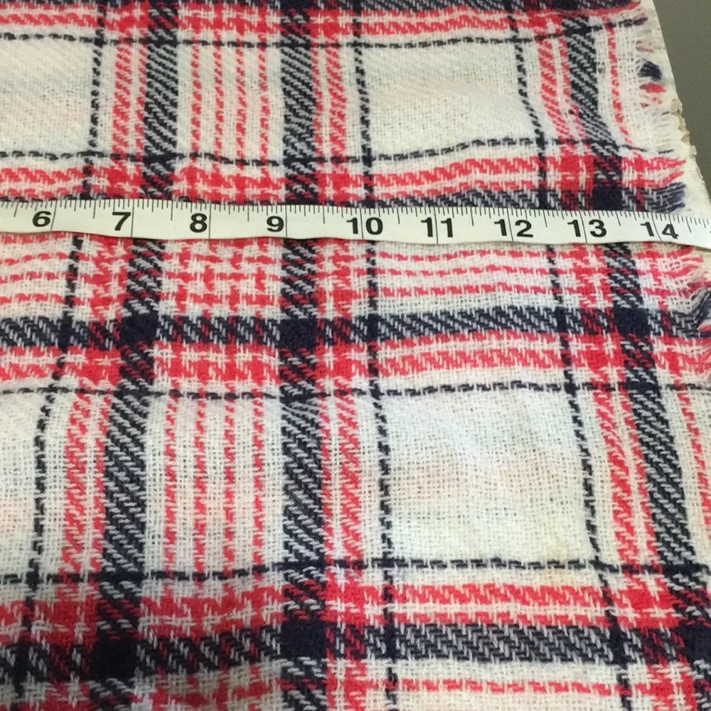 Woman’s lightweight pink navy white plaid infinity scarf with frayed edges